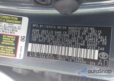 2015 Toyota Corolla Le из США, поврежденный, VIN 2T1BURHE3FC448104